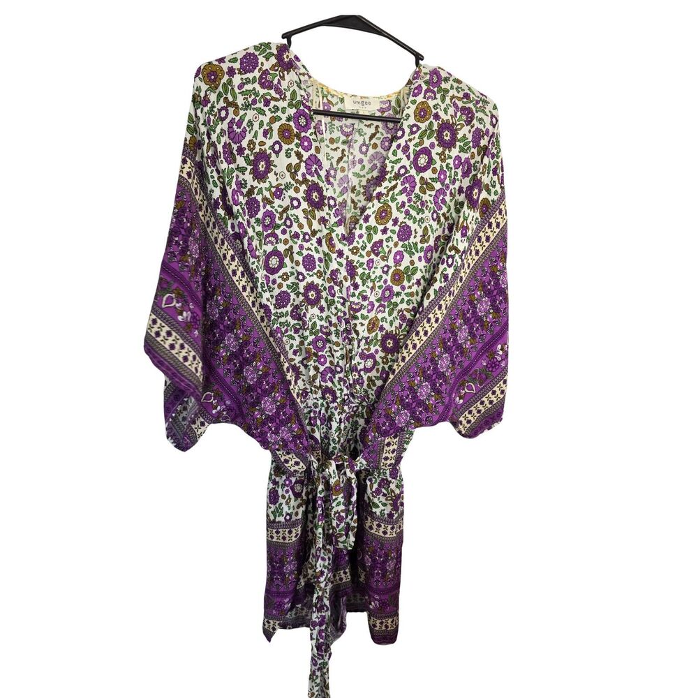 Umgee Mixed Floral Paisley Tie Waist Romper L Purple Kimono Sleeve Boho Shorts
